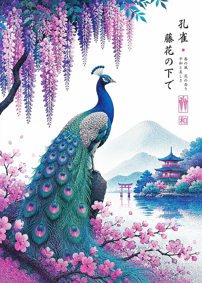 Peacock Under Wisteria and Cherry Blossoms