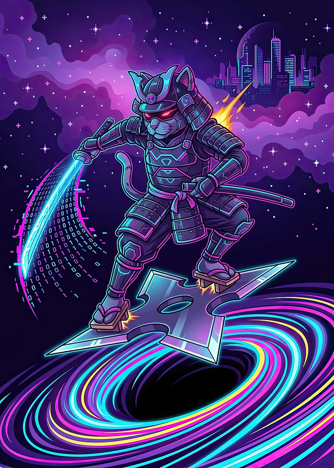 Cyberpunk Samurai Cat on Shuriken