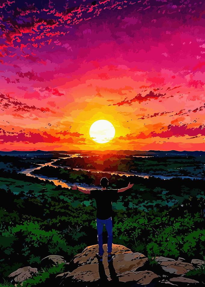 Person Standing on Cliff at Sunset