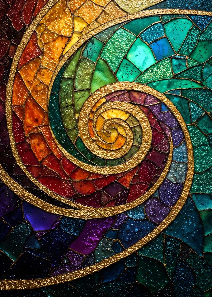 Abstract colorful stained glass spiral mosaic art