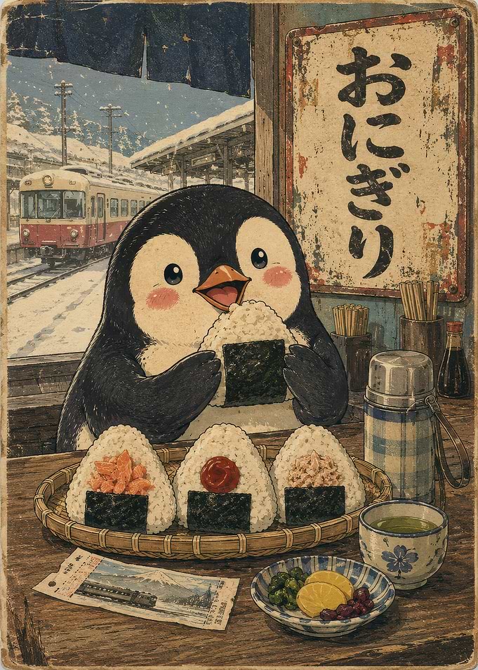 Cute Penguin Eating Onigiri at Station