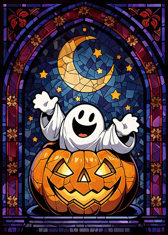 Stained Glass Halloween Ghost and Pumpkin