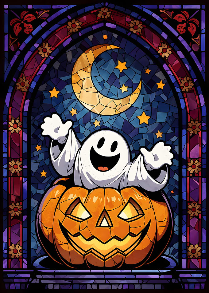 Stained Glass Halloween Ghost and Pumpkin
