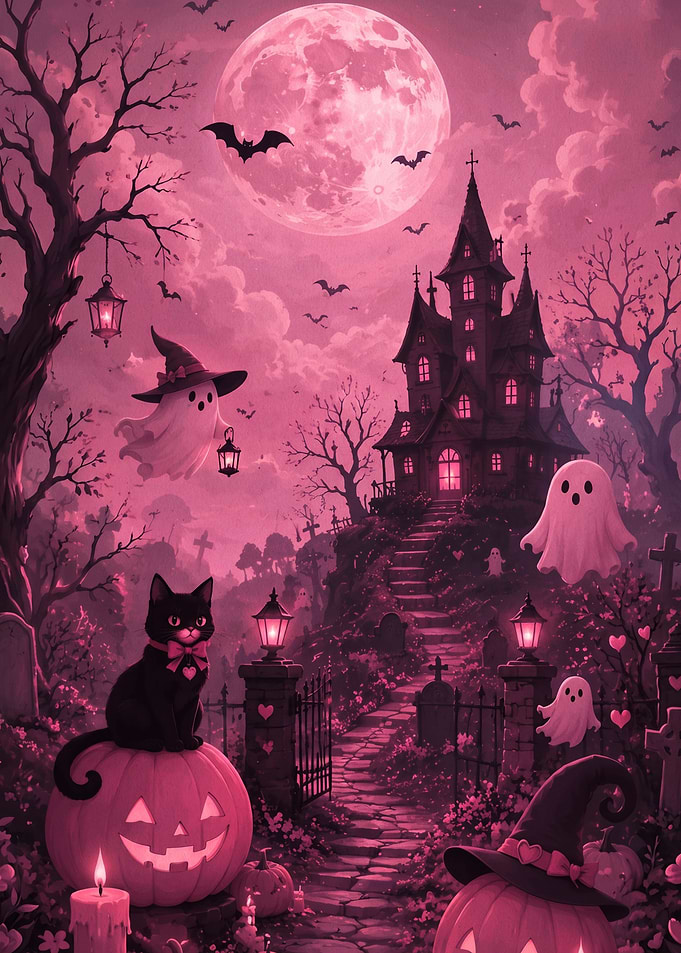 Pink Halloween Haunted House Scene