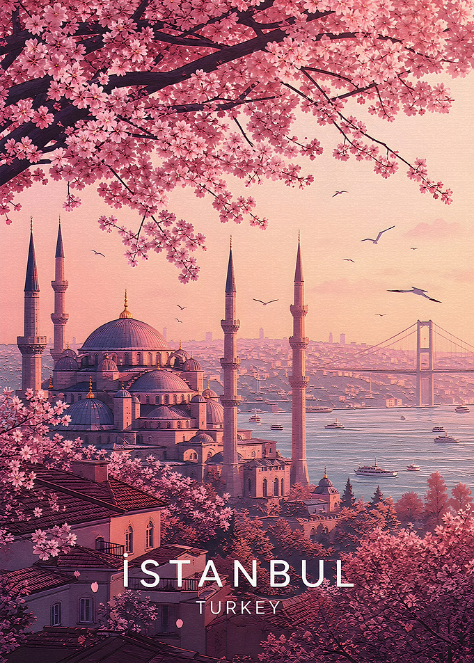 Istanbul Turkey Cherry Blossom Travel Poster