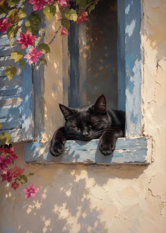 Black Cat Nap in Window