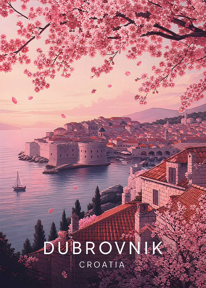 Dubrovnik Croatia Cherry Blossom Travel Poster