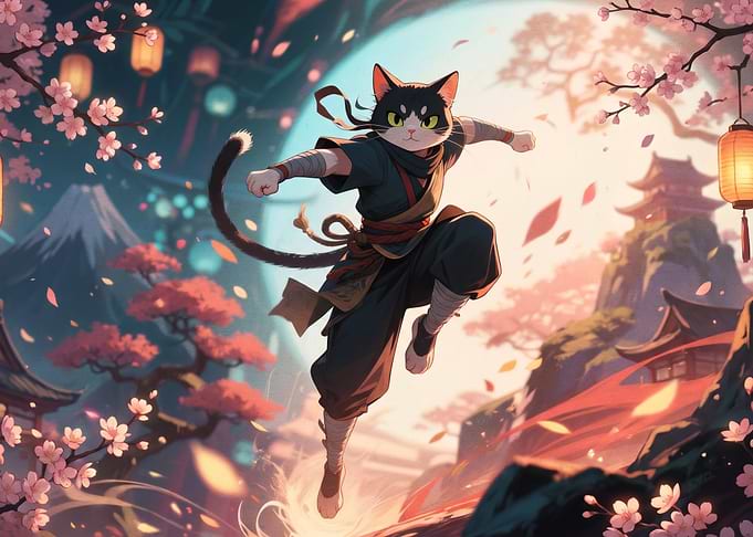 Ninja Cat in Cherry Blossom Landscape