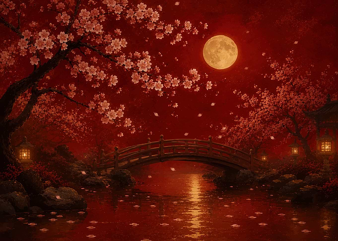 Red Cherry Blossom Moonlit Bridge