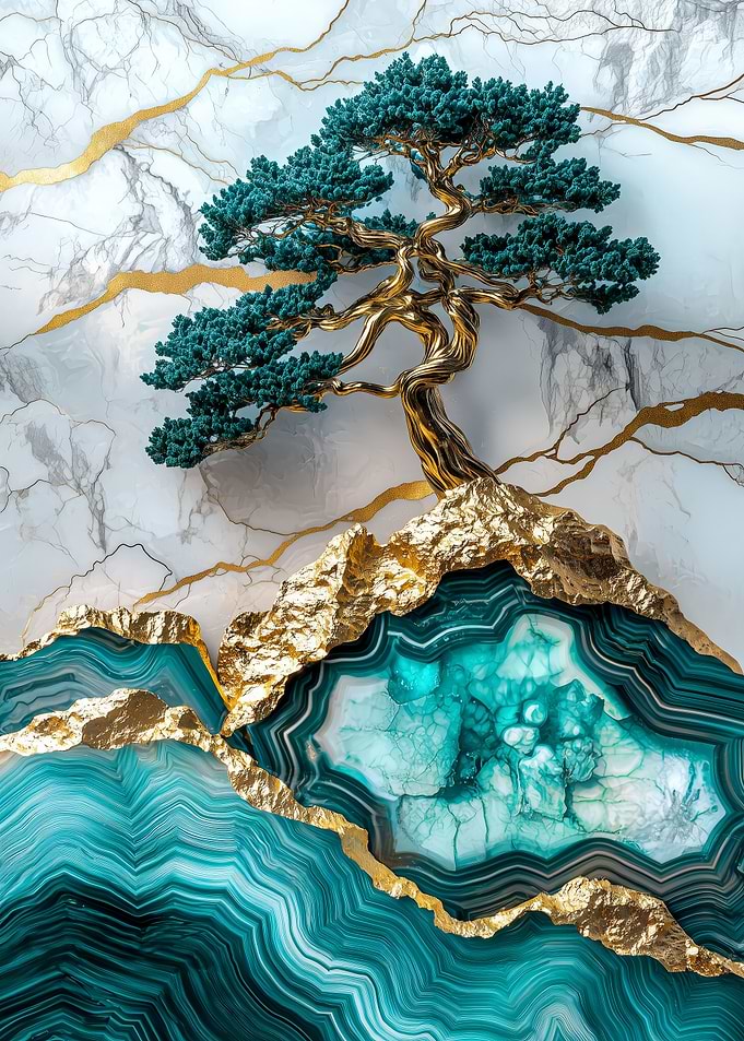 Golden Bonsai on Teal Agate Stone