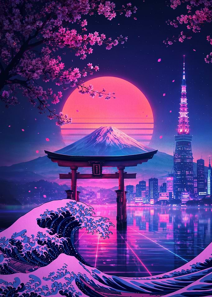 Synthwave Tokyo Torii Gate and Wave