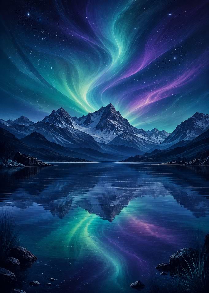 Aurora Borealis Over Mountain Lake