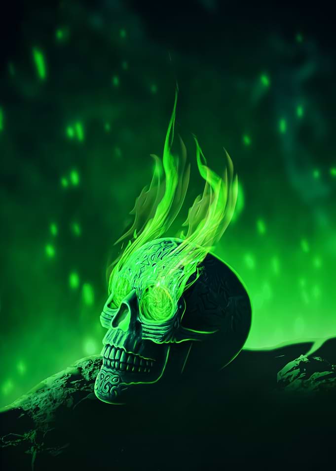 Green Flaming Skull Digital Art