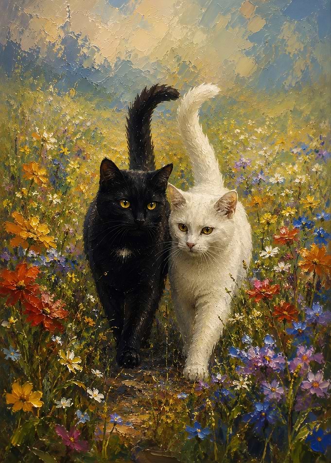 Black and White Cats in Flowers