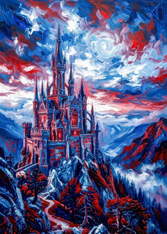 Surreal Gothic Castle in Red and Blue