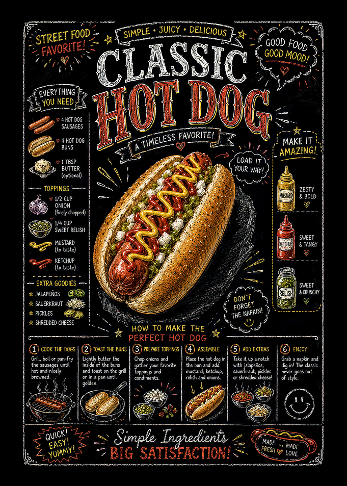 Classic Hot Dog Chalkboard Recipe Poster