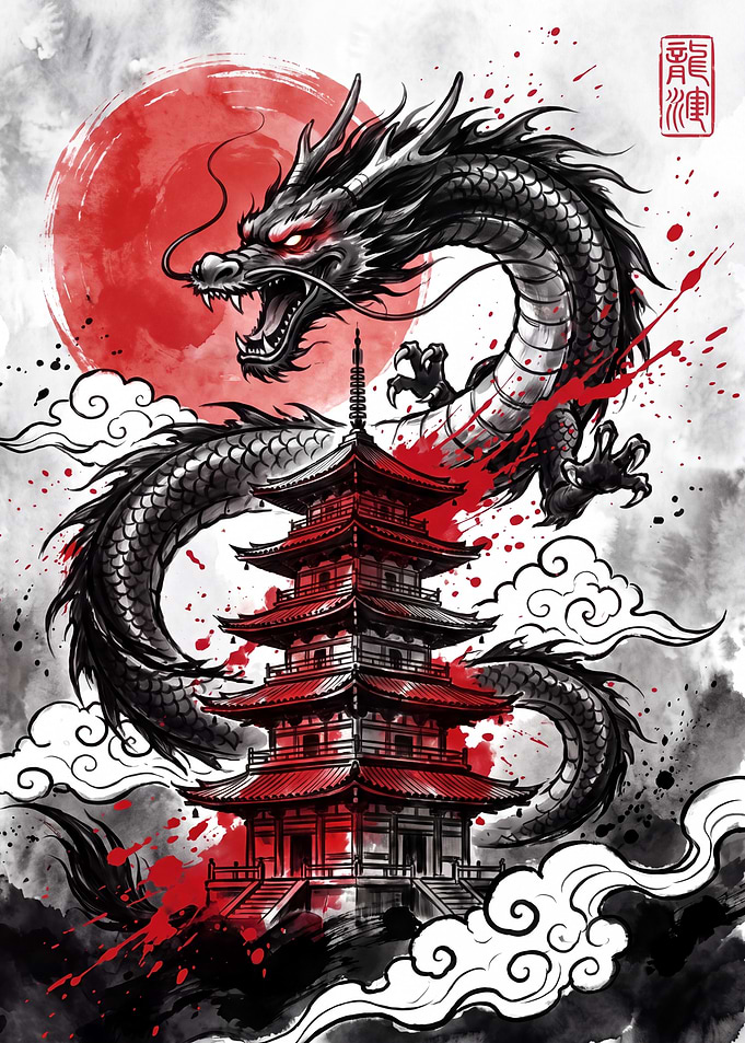 Japanese Dragon and Pagoda Ink Art