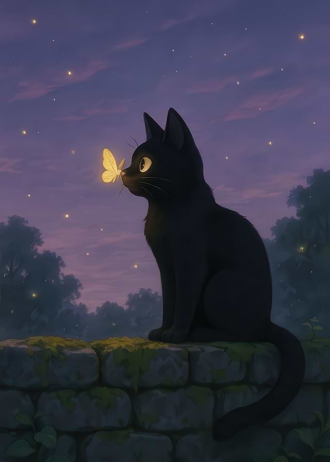 Black Cat and Glowing Butterfly