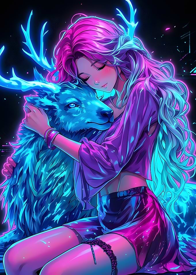 Neon Anime Girl Hugging Glowing Deer