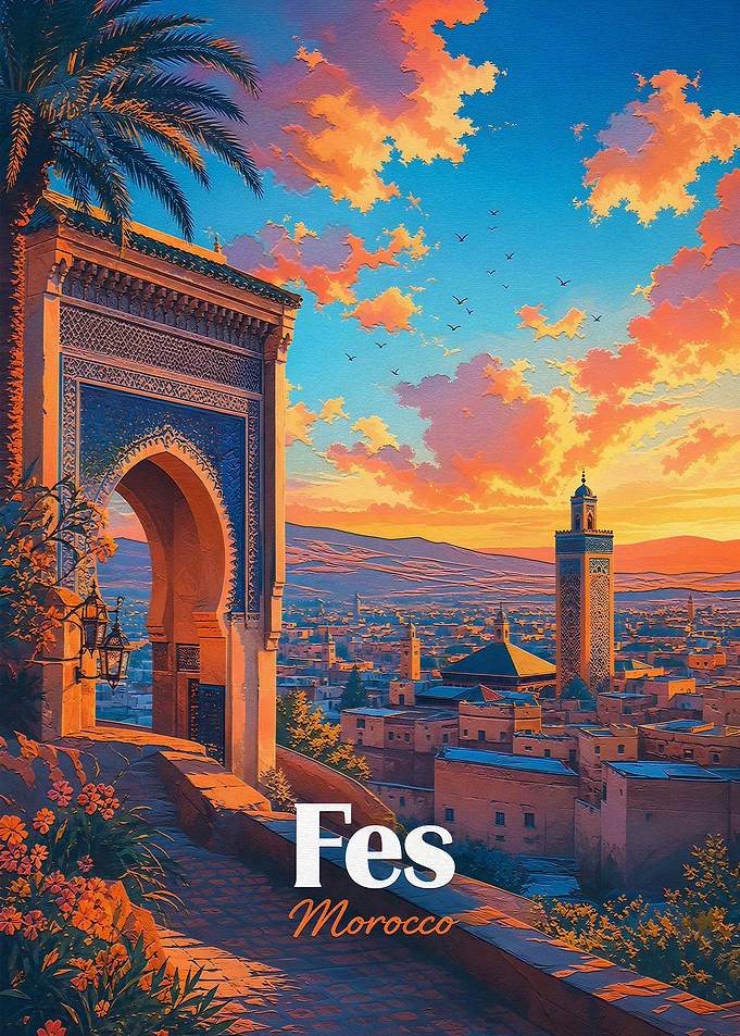 Fes Morocco Sunset Travel Poster