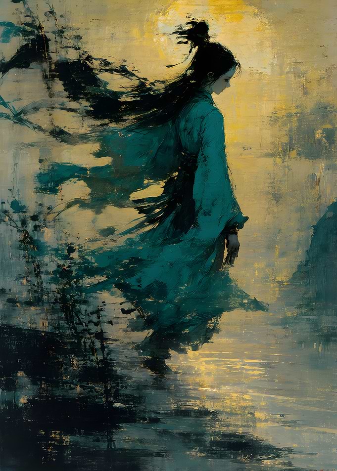 Ethereal Figure in Teal Robes