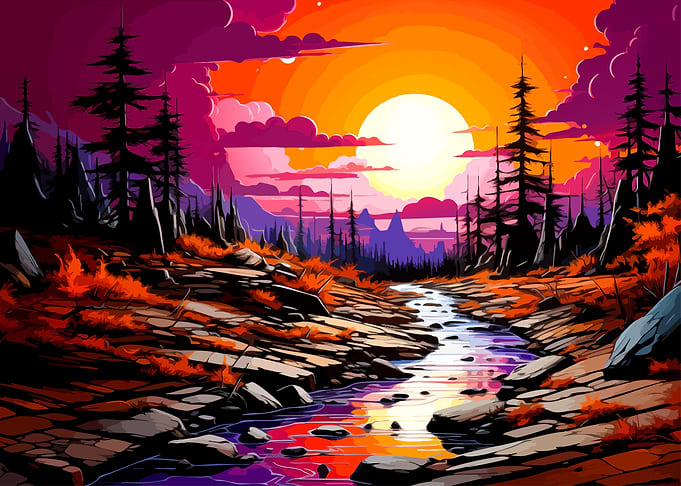Vibrant Sunset Over Mountain Stream