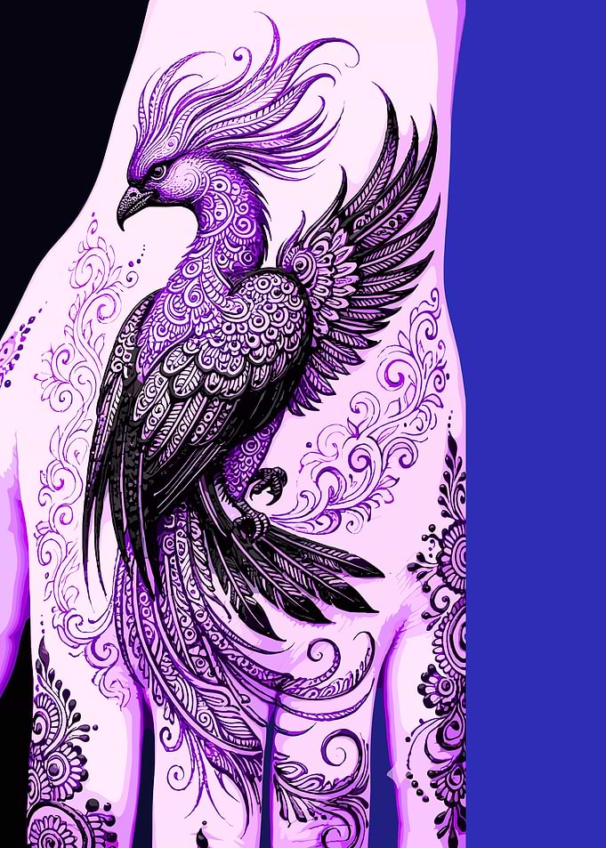 Intricate Purple Phoenix Henna Hand Tattoo