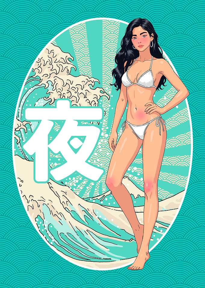 Anime Girl Waifu with Japanese Wave Art