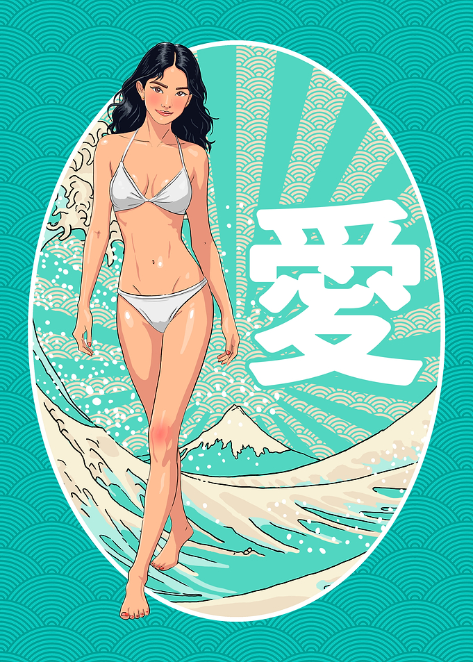 Anime Girl Waifu with Japanese Wave Art