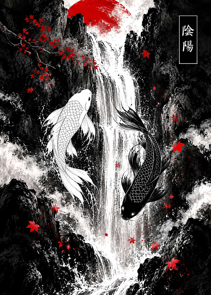 Yin Yang Koi Waterfall Art