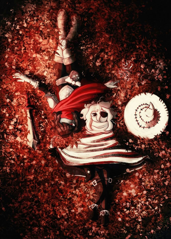 Two figures resting in autumn leaves