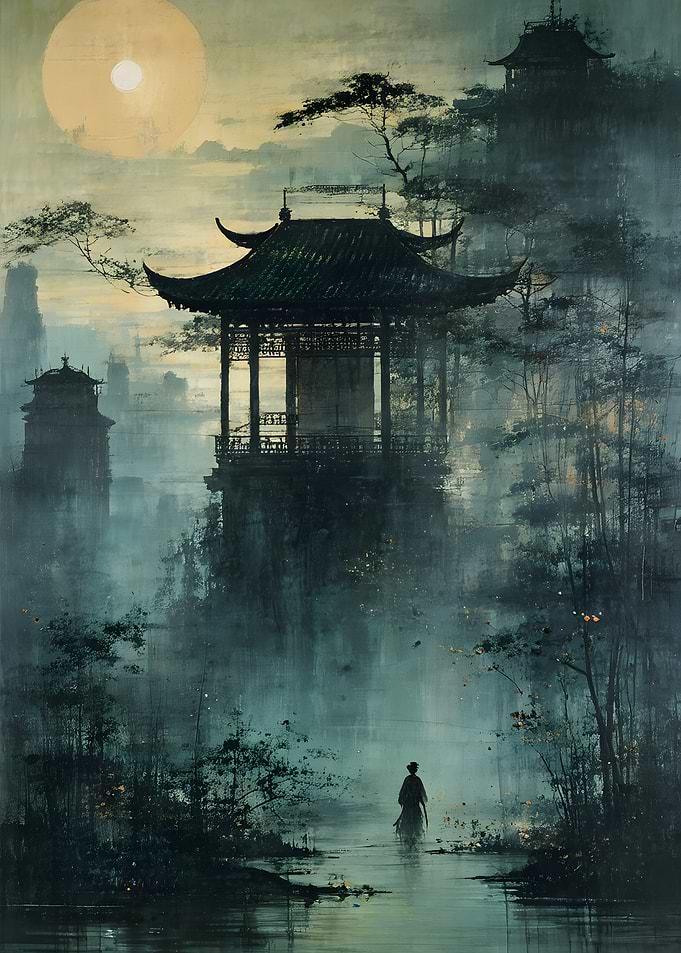Misty Pagoda Landscape at Twilight