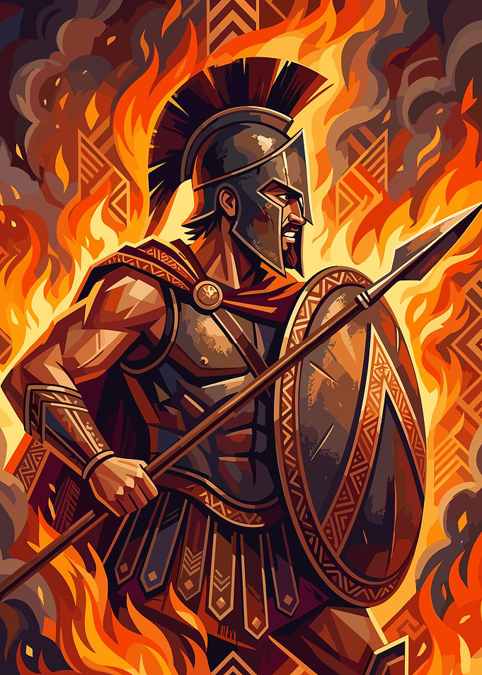 Spartan Warrior in Battle Flames