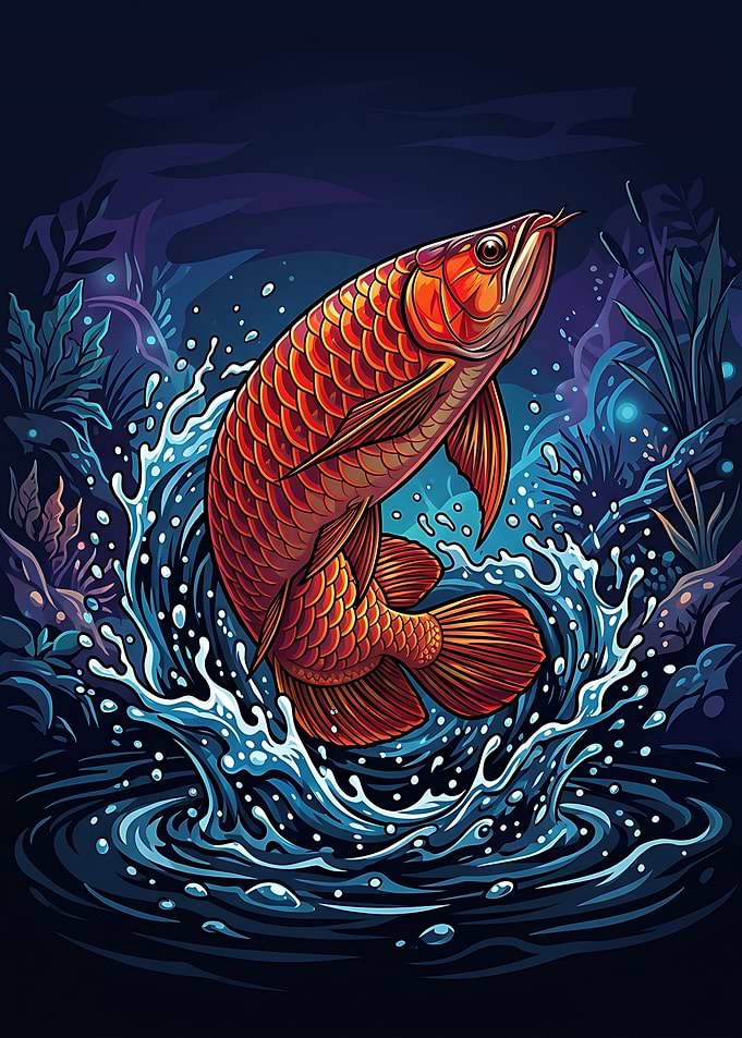 Vibrant Red Arowana Jumping from Water