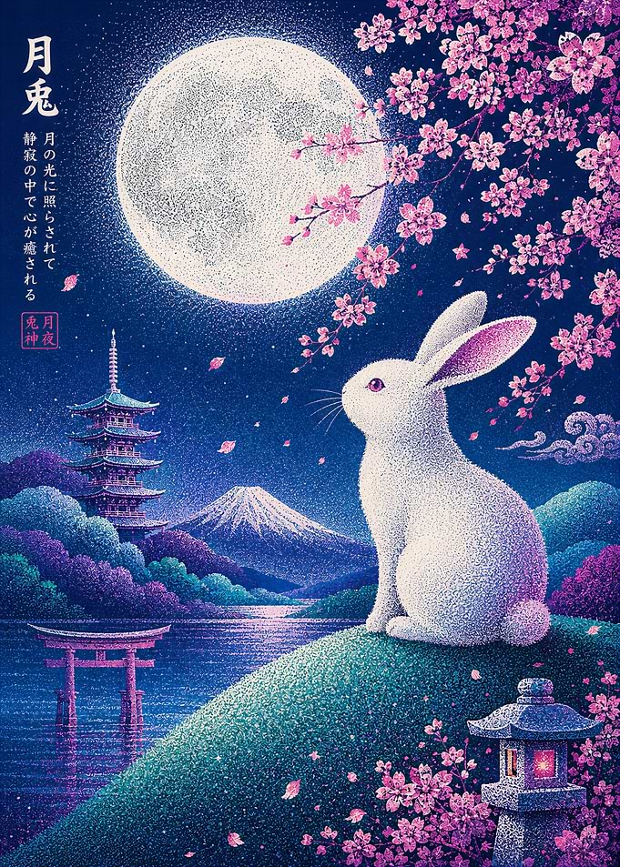 Moon Rabbit and Mount Fuji Landscape - Lunar Rabbit