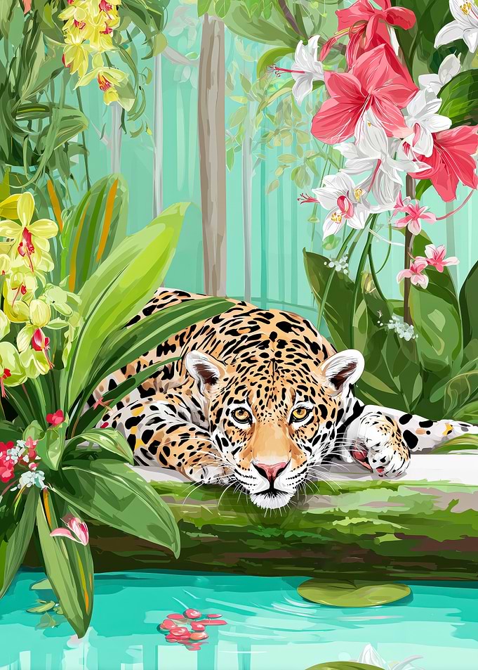 Jaguar Resting in Tropical Flower Jungle
