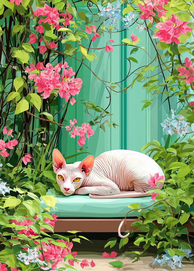 Sphynx Cat Resting in a Bougainvillea tropical Garden