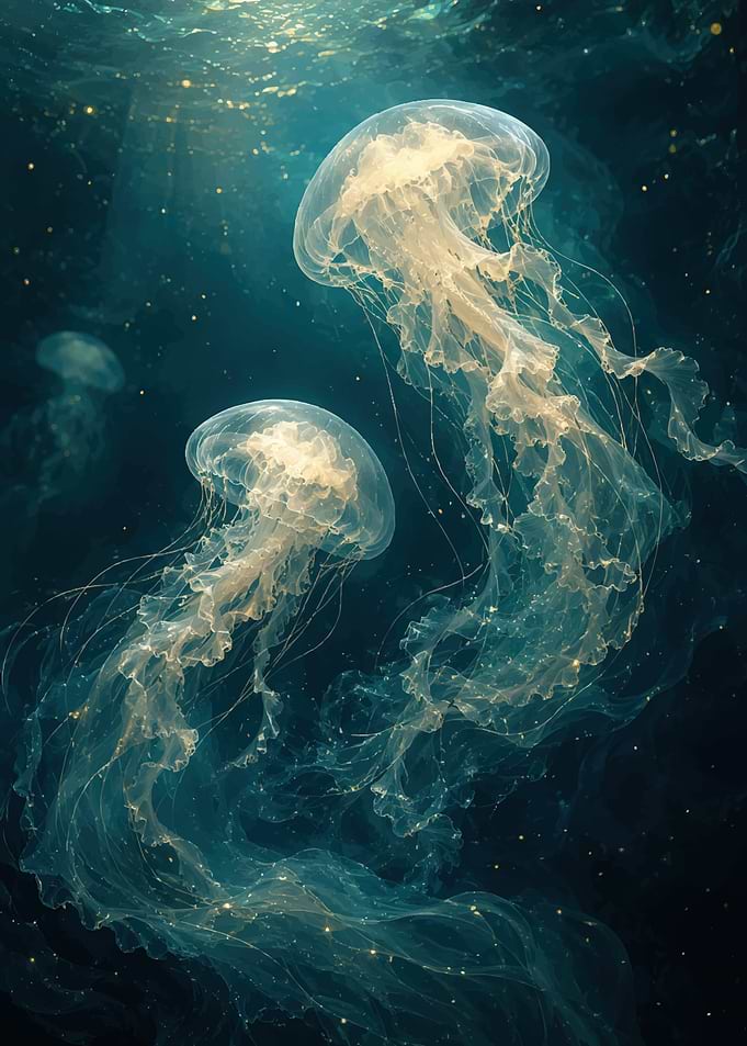 Glowing Jellyfish in Deep Ocean