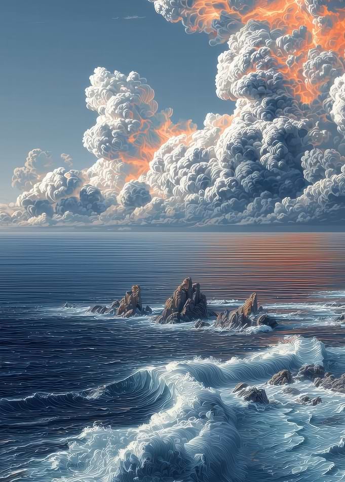 Dramatic Ocean Sunset with Fiery Clouds
