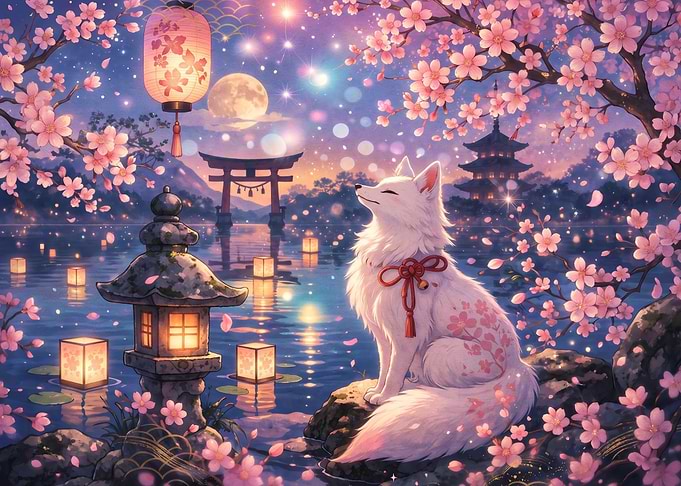 White Fox in Cherry Blossom Garden