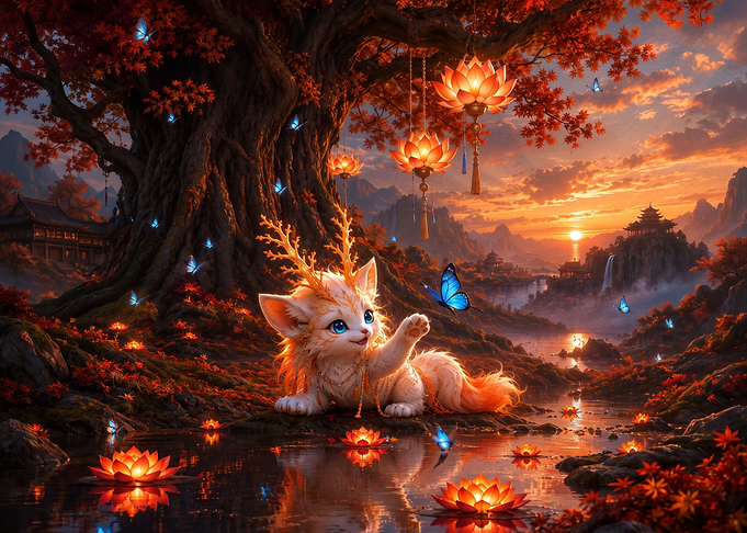 Cute Fantasy Creature in Autumn Forest