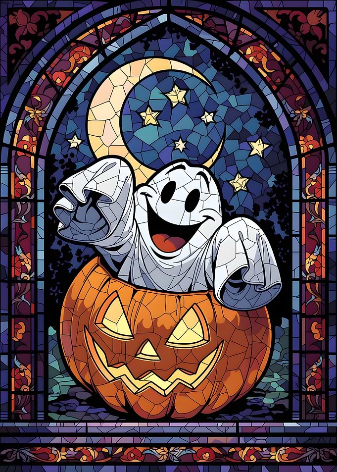 Stained Glass Halloween Ghost and Pumpkin