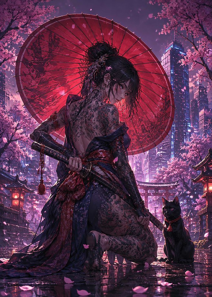 Tattooed Samurai Woman with Black Cat