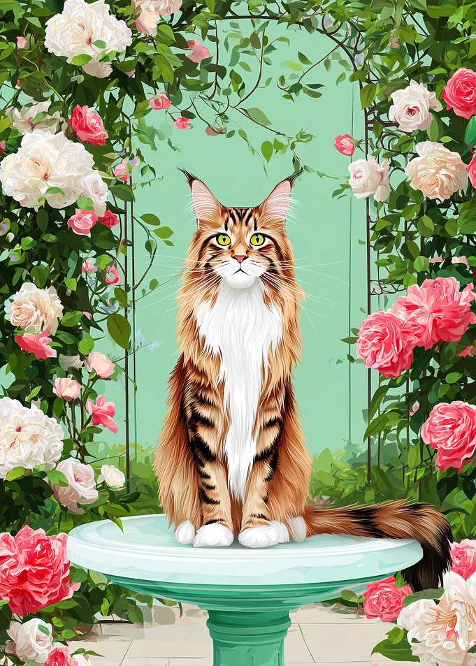 Maine Coon Cat in a Tropical Garden Fountain