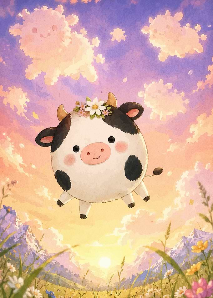 Cute Floating Cow in Sunset Meadow