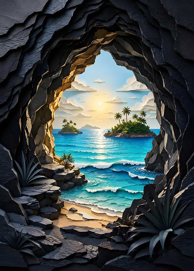 Tropical Coastal Rock Cave Ocean Papercraft