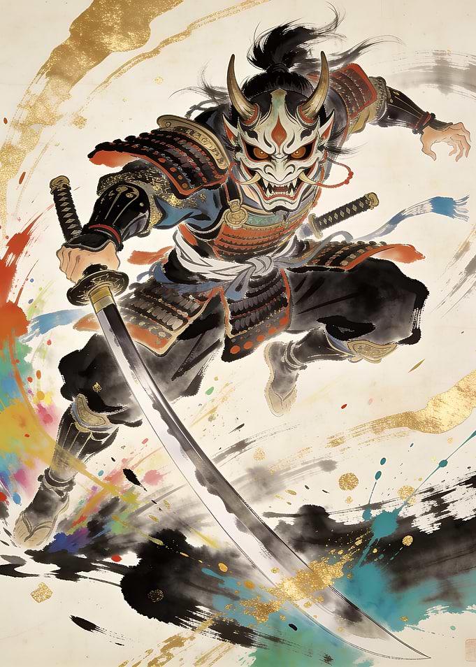 Dynamic Samurai Warrior with Oni Mask