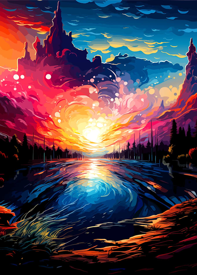 Vibrant Surreal Sunset Over Lake