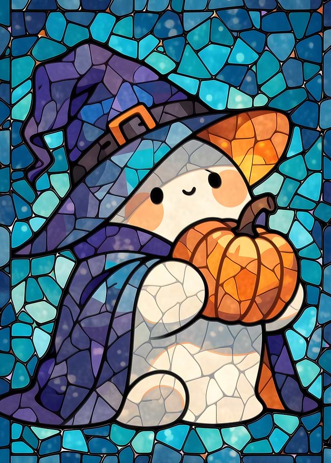 Stained Glass Halloween Witch Cat