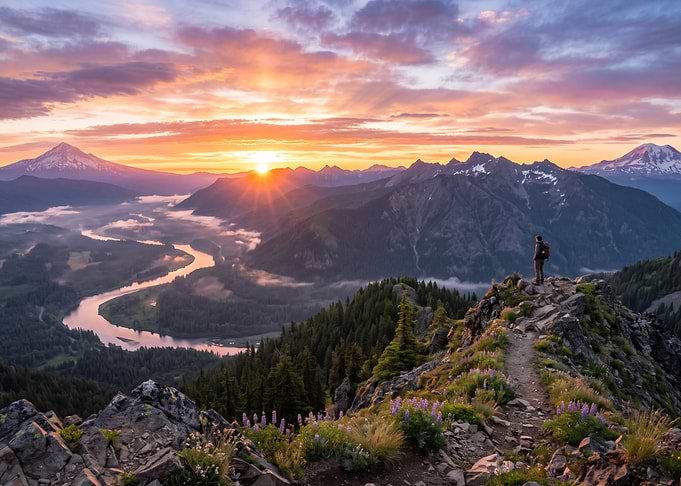 Hiker Watching Sunrise Over Mountain Valley